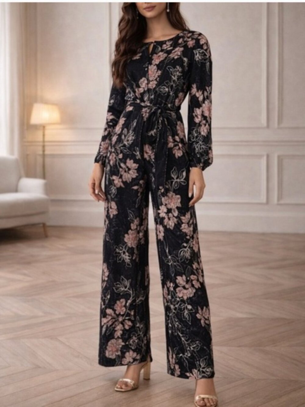 NWT Anthropologie Harlyn Audria Black Floral Belted Glam Jacquard Jumpsuit XS